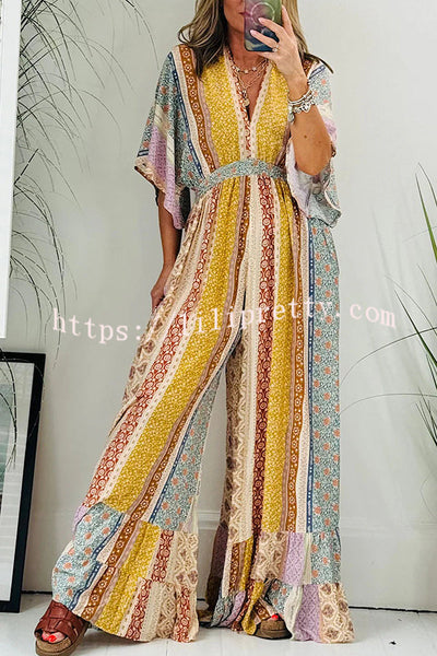 Lilipretty® Last Queen Retro Floral Flare Sleeve Pocketed Loose Wide Leg Jumpsuit