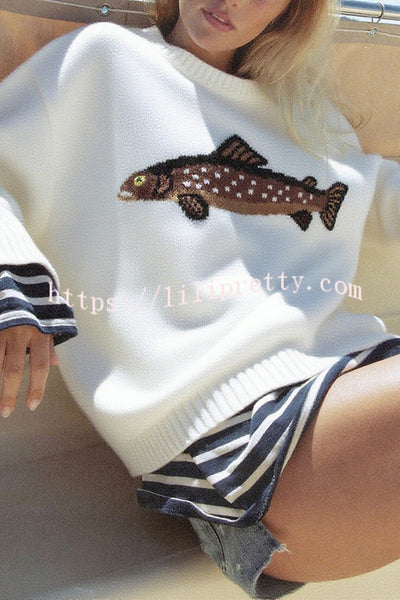 Fashionable Fish Pattern Round Neck Loose Knitted Sweater