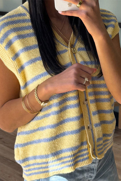 Stylish Striped Loose Sleeveless Button-down Knit Cardigan