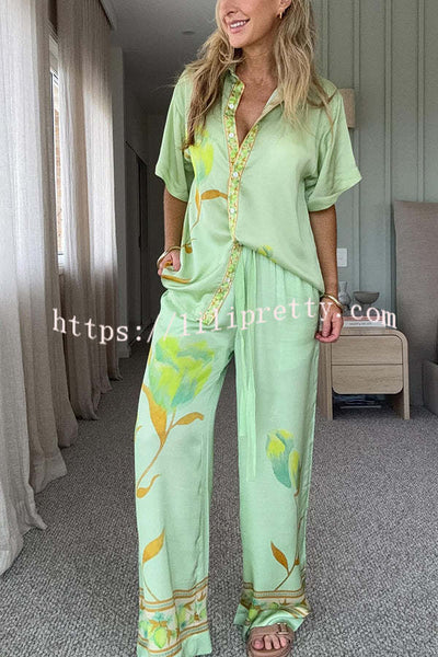 Niah Satin Tulip Print Lapel Short Sleeve Shirt and Elastic Waist Tie Pocket Wide Leg Pants Set