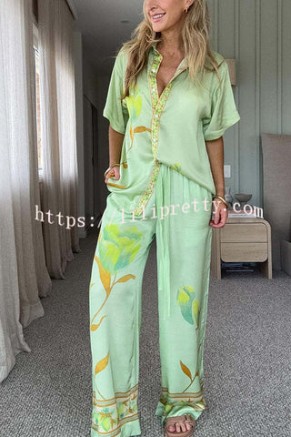 Niah Satin Tulip Print Lapel Short Sleeve Shirt and Elastic Waist Tie Pocket Wide Leg Pants Set