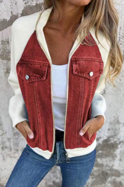 Fashion Denim Stitching Zipper Pocket Casual Jacket