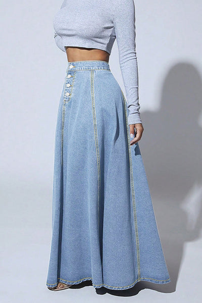 Fashion Metal Single-Breasted Casual Denim Maxi Skirt