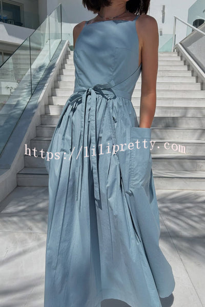 Solid Color Sleeveless Side Slit Tie-up Casual Vacation Pocket Maxi Dress