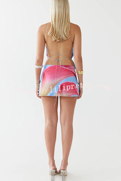 Unique Print Sexy Backless Lace-Up Top and Fitted Mini Skirt Set