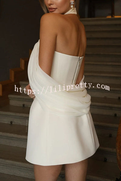 Alexis Chiffon Rose Detail Off Shoulder Sleeve Halter Mini Dress