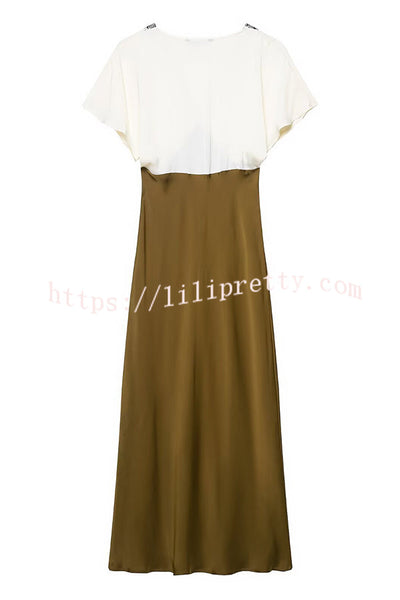 Fashionable Contrast Color V-neck Lace Stitching Maxi Dress