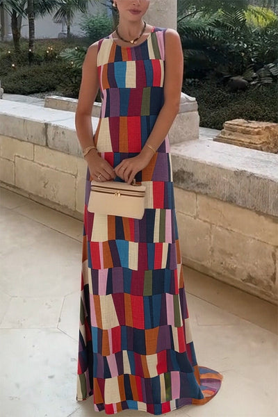 Retro Chic Linen Blend Colorful Color Block Plaid Round Neck Sleeveless Maxi Dress