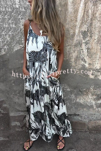 Zebra Print Suspender Pocket Loose Backless Maxi Dress