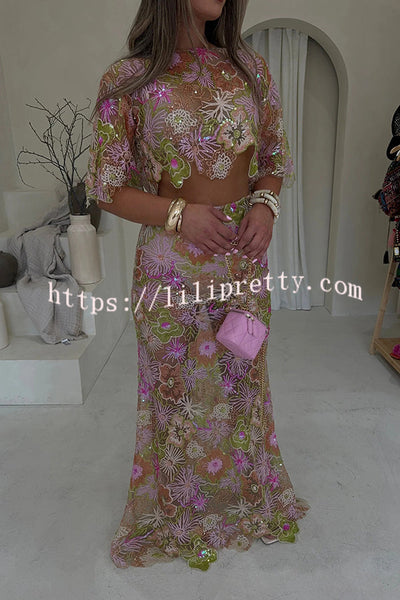 Fashionable Embroidered Flower Sequined Crop Top and Elegant Sheer Maxi Skirt Set