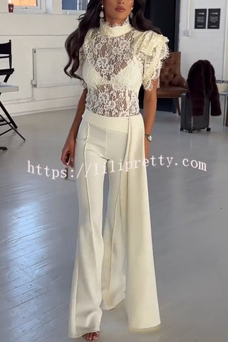Alizah Floral Lace High Neck Ruffle Sleeve Top and Elastic Waist Drape Hem Flare Pants Set