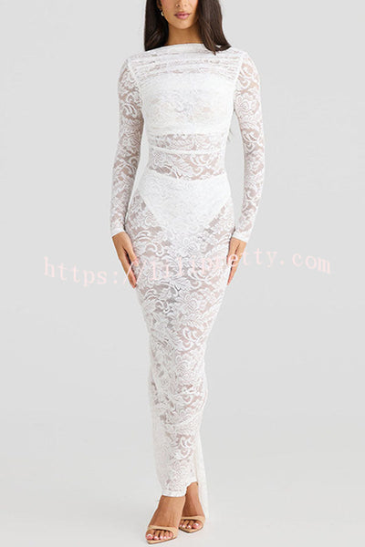 Timeless Lace High Gathered Neck Long Sleeve Backless Ruched Stretch Maxi Dress