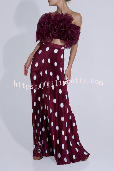 Eye-catching Satin Pleated Poka Dot Print High Rise Drape Maxi Skirt