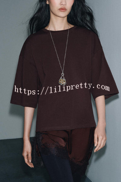 Stylish Round Neck Short-sleeved Patchwork Lace Hem Loose T-shirt