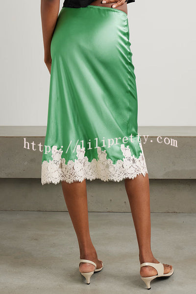 Celebration Look Contrast Color Satin Lace Trim Elastic Waist Drape Midi Skirt