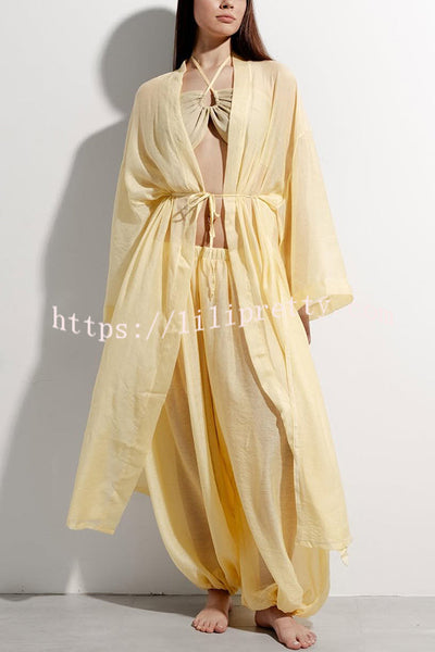 Flowy Linen Blend Halter Tank & Elastic Waist Tie-up Wide Leg Pants & Kimono Cover-Ups 3pieces Set