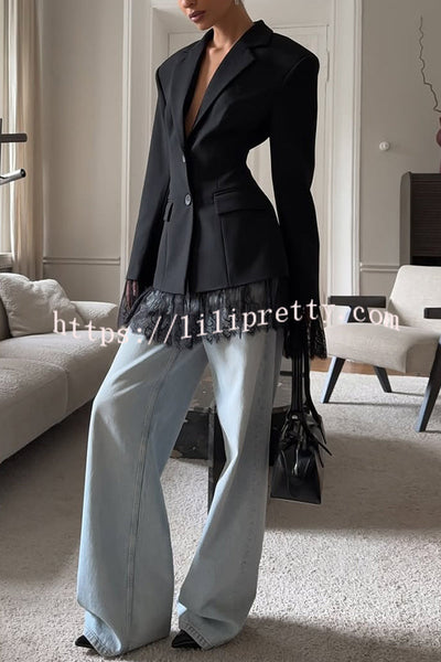 Solid Color Lace Panel Long Sleeve Button Elegant Blazer