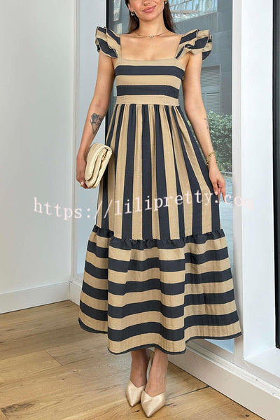 Striped Printed Square Neck Backless Gathered Midi Dress