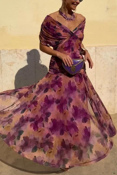 Unique Printed V-Neck Waisted Mesh Holiday Maxi Dress