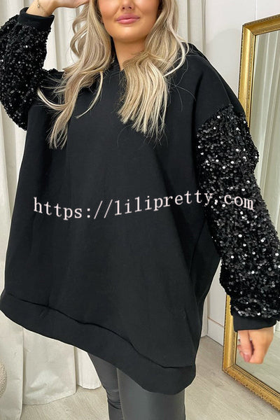 Solid Color Sequined Long Sleeve Loose Hooded Sweatshirt