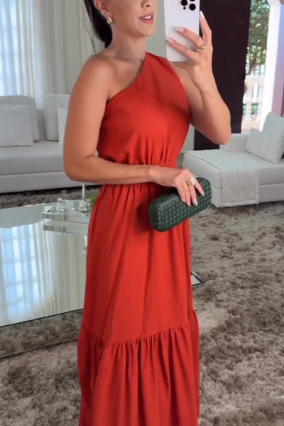 Solid Color One Shoulder Waist Tie Maxi Dress