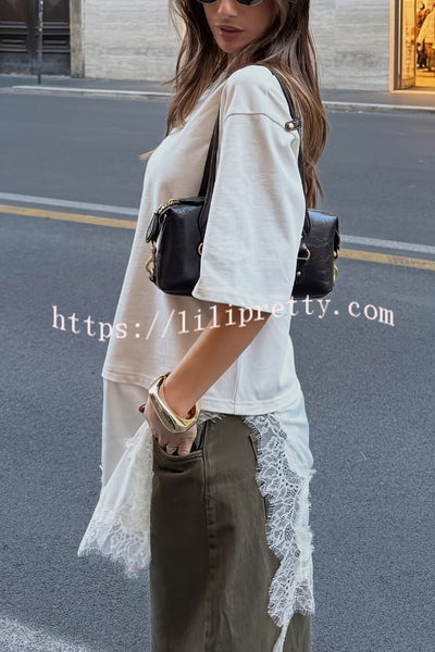 Stylish Round Neck Short-sleeved Patchwork Lace Hem Loose T-shirt