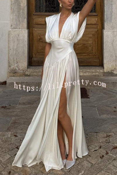 Elegant V-neck Sleeveless Fitted Waist High Slit Vacation Maxi Dress