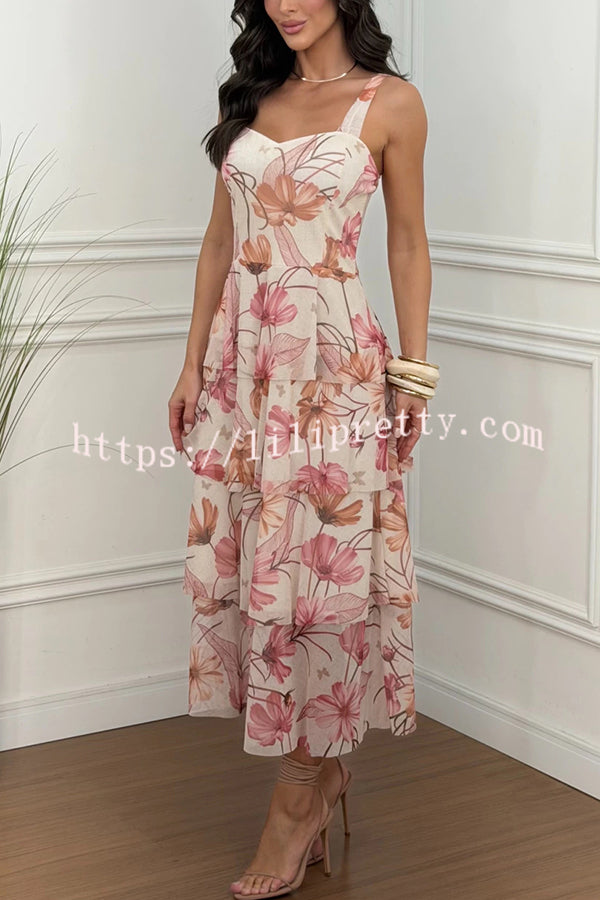 Rima Mesh Floral Print Sweetheart Neck Tiered Hem Maxi Dress