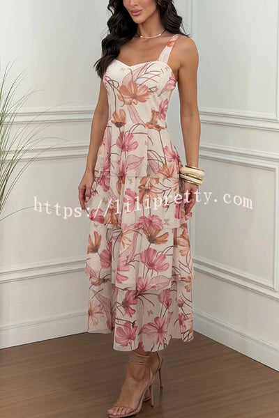 Rima Mesh Floral Print Sweetheart Neck Tiered Hem Maxi Dress