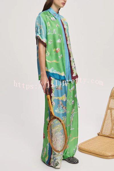 Unique Printed Lapel Short-sleeved Loose Shirt and Elastic Waist Tie Wide-leg Pants Set