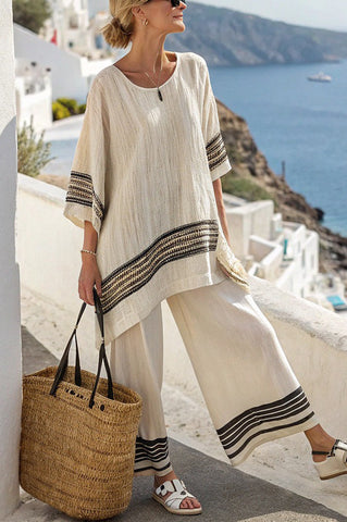 Striped Print Crew Neck Loose Top and Elastic Waist Casual Wide Leg Pants