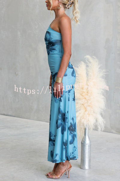 Floral Print Elegant Mesh Off-shoulder Fitted Maxi Dress