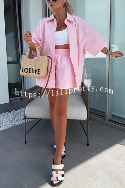 Summer Casual Loose Short-sleeved Shirt and Elastic High Waist Shorts Set