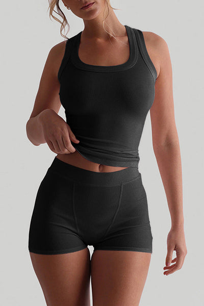 Fashionable Sports Yoga Style Sleeveless Square Neck Top and Elastic Slim Shorts Set