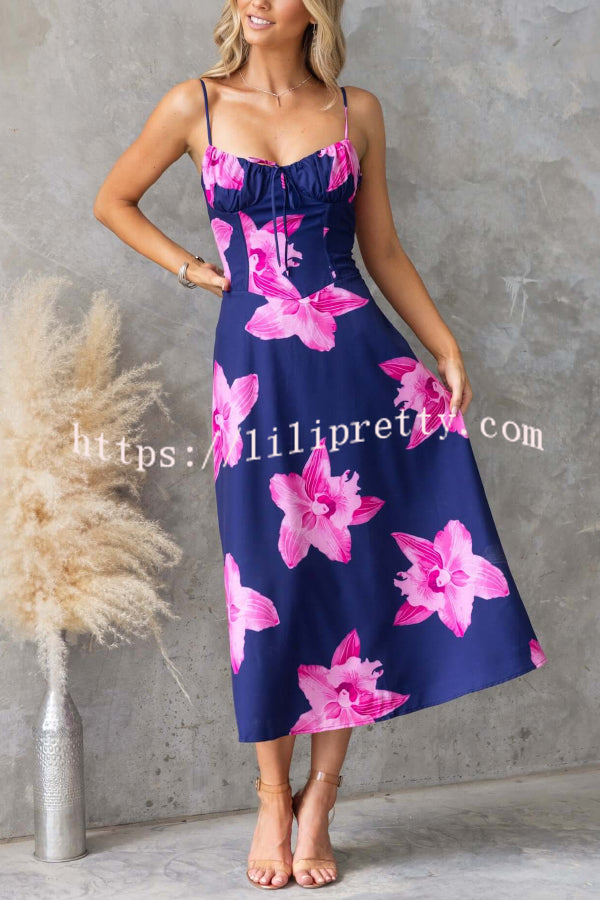 Floral Print Spaghetti Strap Backless Tie-up Elegant Slim-fit Midi Dress