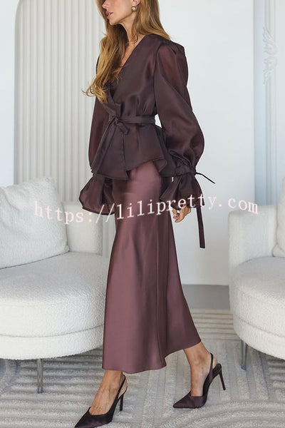 Graceful Party Tulle Knotted Long Sleeve Kimono Top and Satin Slip Midi Dress Set