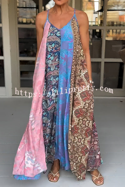 Unique Printed Loose Holiday Strap Big Hem Maxi Dress