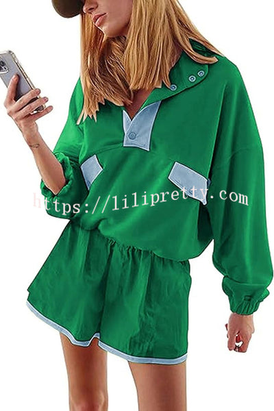 Fashion Contrast Color Stitching Stand Collar Long Sleeve Top and Elastic Waist Loose Pocket Shorts Set