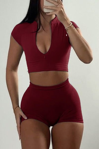 Fashionable Sports Yoga Style V-neck Crop Top and Stretch Slim Shorts Set