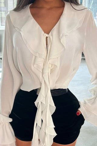 Fashion V-neck Ruffled Flared Long-sleeved Casual Shirt