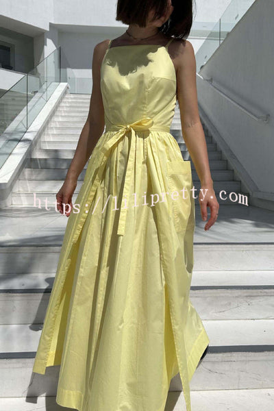 Solid Color Sleeveless Side Slit Tie-up Casual Vacation Pocket Maxi Dress