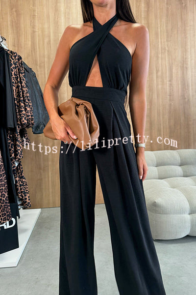 Easy Mode Cross-neck Halter Strap Backless Wide Leg Jumpsuit