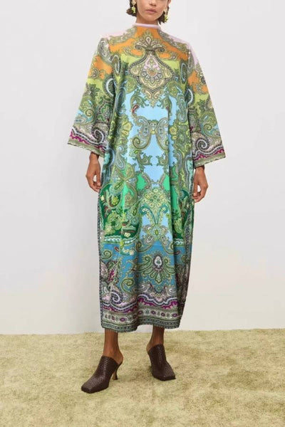 Paisley Print Tie-Waist Slit Maxi Kaftan Dress
