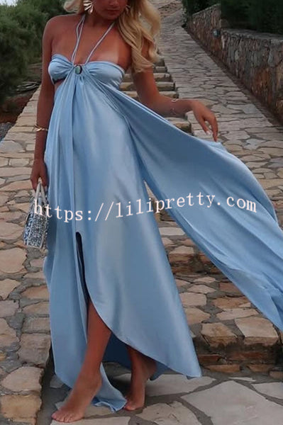 Cinderella Dream Satin Stone Ring Detail Cutout Halter Drape Maxi Dress