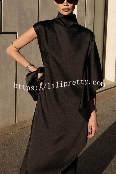 Kallena Satin High Neck Irregular Sleeves Midi Top and High Rise Pocket Loose Pants Set