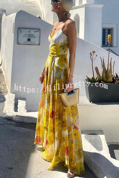 Sunshine Yellow Floral Print Belted Vacation Maxi Dress