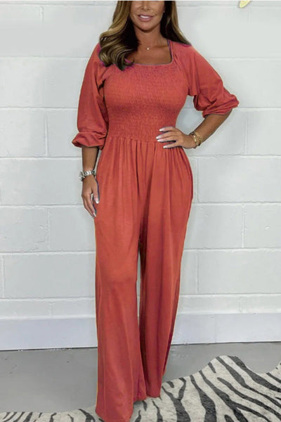 Casual and Comfortable Smocked Solid Color Wide Leg Jumpsuit