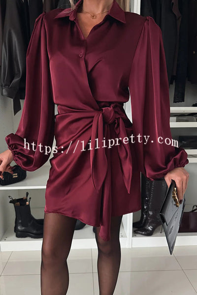Solid Satin Long Sleeve Tie Waist Irregular Mini Dress