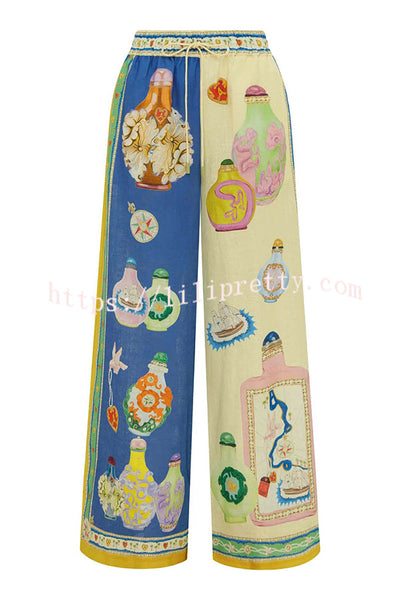 Creating Memories Linen Blend Unique Print Elastic Waist Pocket Wide Leg Pants