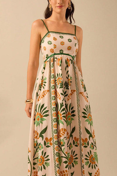 Unique Printed Sling Back Pleated Loose Holiday Maxi Dress